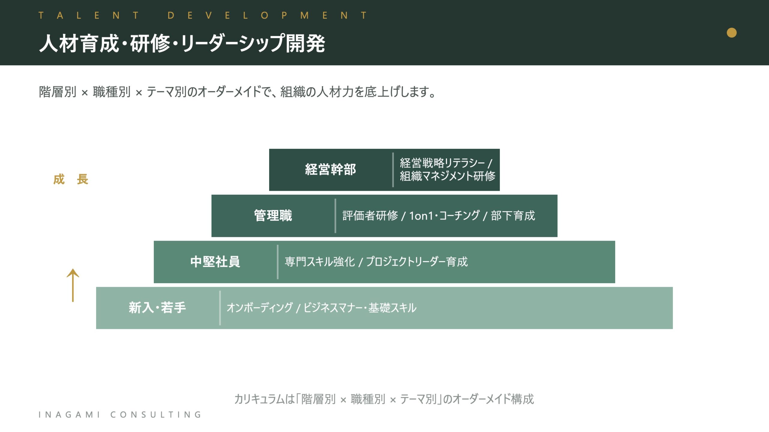 人材育成・研修・リーダーシップ開発：階層別 × 職種別 × テーマ別のオーダーメイド構成